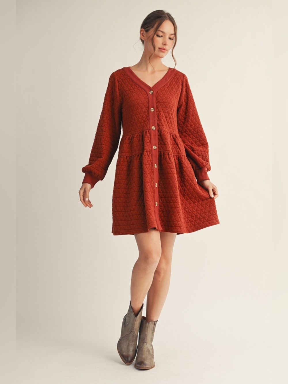 JODIFL Quilted Button-Front V-Neck Dress in Rust